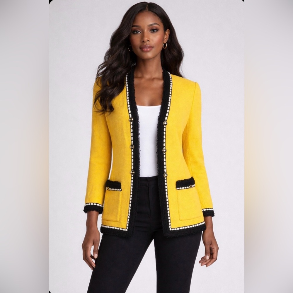 ST JOHN COLLECTION Yellow Santana Knit Blazer Jacket Black White Accents Size 10